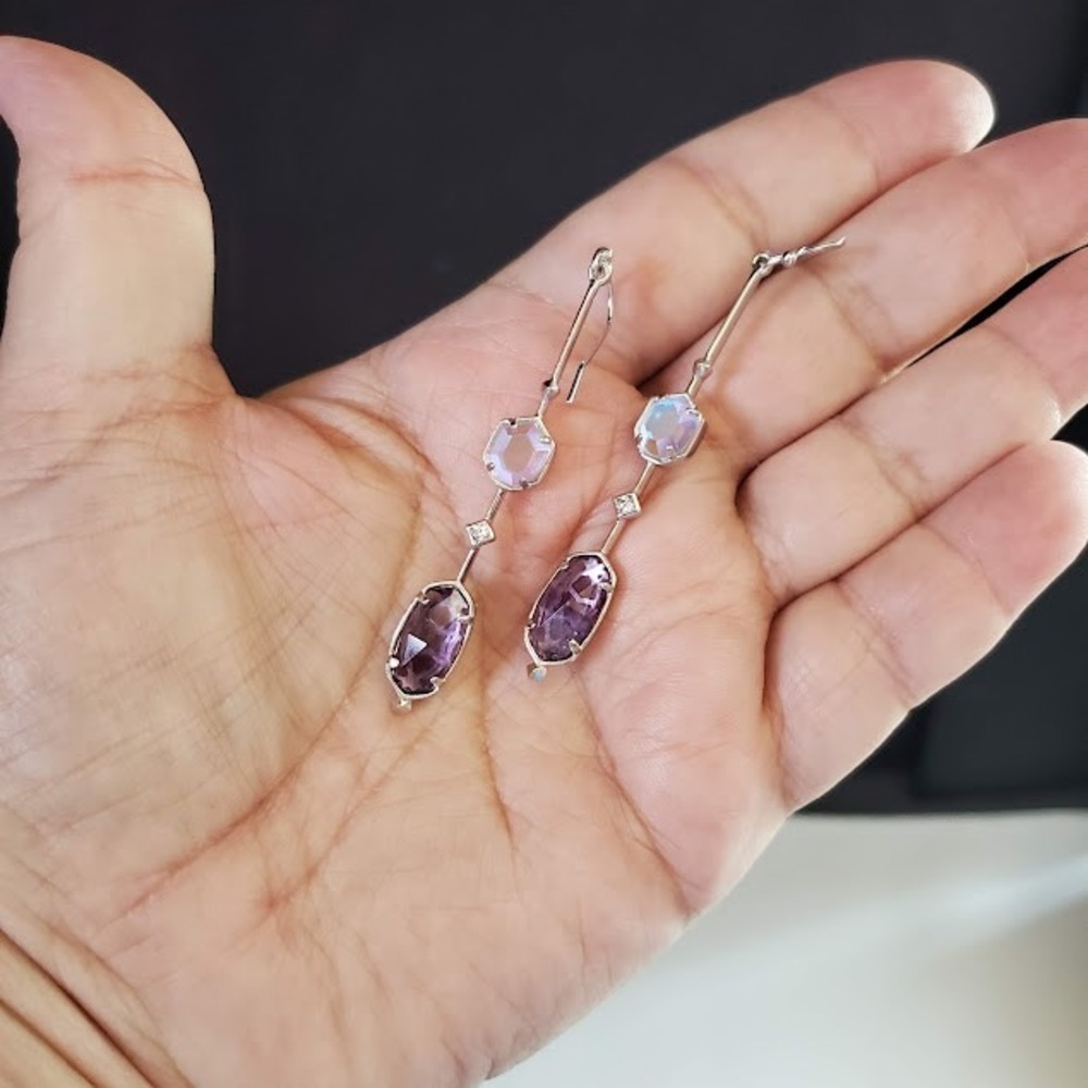 Kendra Scott Silver Tone Purple Amethyst Iridescent Crystal Drop Dangle Earrings